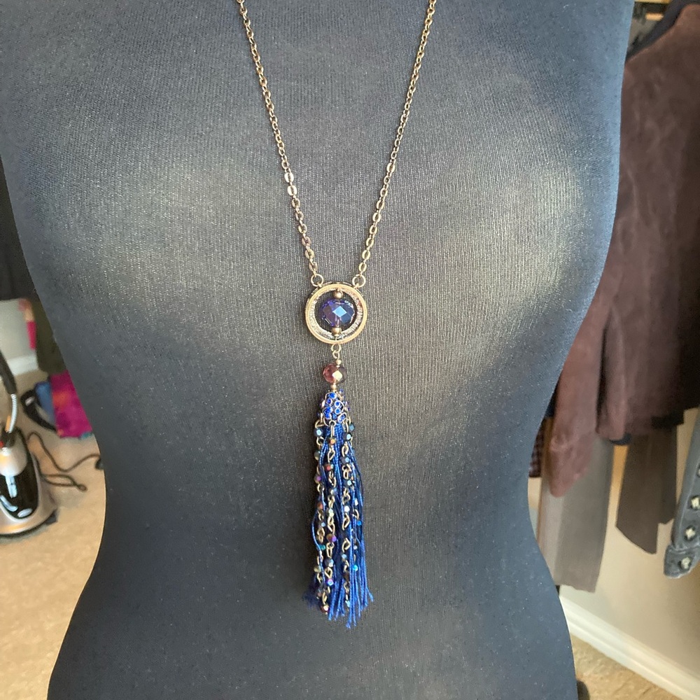 NWT: Ethel and Myrtle tassel necklace with matching earrings, blue and gold